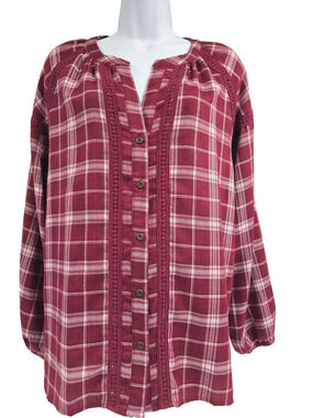 Kate and Sam Womens Burgundy Plaid Peasant Blouse Lace Trim Long Sleeve Size S